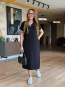 Kadın Kısa Kollu V Ribana Yakalı Yırtmaçlı Midi Viskon Iki Iplik Elbise thumbnail 1