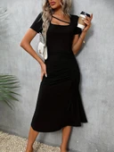 Kadın Kısa Kollu Kare Yakalı Ip Detaylı Janjan Krep Elbise thumbnail 1