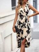 Kadın Sıfır Kol Kruvaze Yaka önden çapraz Kesim Detaylı Desenli Oysho Süprem Elbise thumbnail 12