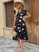 Kadın Kısa Kelebek Kollu Kruvaze Yakalı Belden Kuşaklı Midi Süprem Elbise thumbnail 3