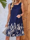 Kadın Askılı Yuvarlak Yakalı Yaprak Desenli Dalgıç Elbise thumbnail 8