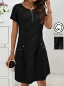 Kadın Kısa Kollu Yakası Açık Fermuarlı Cep Detaylı Ithal Keten Elbise thumbnail 3