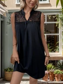 Kadın Kolsuz V Hakim Yaka Dantelli Janjan Krep Elbise thumbnail 8