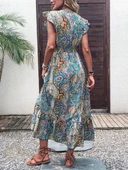 Kadın Kısa Kollu Kruvaze Yakalı Desenli Maxi Elbise thumbnail 6