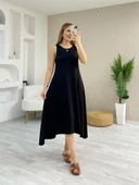 Kadın Askılı Yuvarlak Yakalı Asimetrik Kesim Detaylı Viskon Elbise thumbnail 1