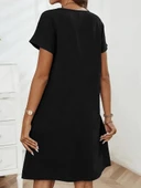 Kadın Kısa Kollu Yakası Açık Fermuarlı Cep Detaylı Ithal Keten Elbise thumbnail 2