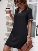 Kadın Kısa Kollu V Yakalı Leopar Desen Detaylı Modal Elbise thumbnail 3