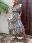 Kadın Kısa Kollu Kruvaze Yakalı Desenli Maxi Elbise thumbnail 1