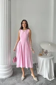 Pembe Yanları Büzgülü Midi Boy Keten Elbise - 4