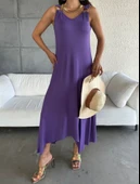 Kadın çan Dokuma Kumaş V Yaka Asimetrik Kesim Elbise thumbnail 1