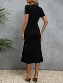 Kadın Kısa Kollu Kare Yakalı Ip Detaylı Janjan Krep Elbise thumbnail 4