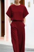 Kadın Kısa Kollu Bisiklet Yaka Bluz Yüksek Bel Cep Detaylı Pantolon Atlas Ikili Takım thumbnail 6