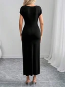 Kadın Yarım Ay Kollu Yuvarlak Yaka önünde Toka Detaylı Modal Maxi Elbise thumbnail 4