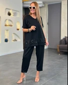 Kadın Kısa Kollu V Yakalı Pul Payetli Viskon Iki Iplik Bluz Ve Pantolon Ikili Takım thumbnail 2