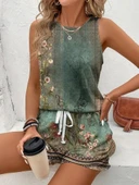 Kadın Askılı Yuvarlak Yaka çiçek Baskılı Süprme Bluz Ve Short Ikili Takım thumbnail 6