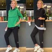 Kadın Yeşil Kapşonlu Etek Ucu Detay Arma Ters Dikiş Gorunumlu Ikili Takım thumbnail 4