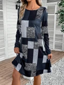 Kadın Uzun Kollu Yuvarlak Yaka Geometrik Süprem Elbise thumbnail 2