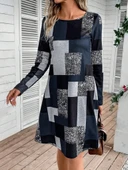 Kadın Uzun Kollu Yuvarlak Yaka Geometrik Süprem Elbise thumbnail 3