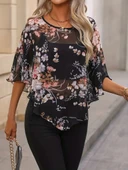 Kadın Kısa Kollu Yuvarlak Yaka çiçek Baskılı Asimetrik Kesim şifon Bluz thumbnail 5