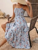 Kadın Ip Askılı Geniş V Yakalı Desenli Uzun Süprem Elbise thumbnail 1