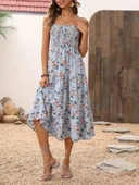 Kadın Ip Askılı Geniş V Yakalı Desenli Uzun Süprem Elbise thumbnail 6