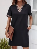 Kadın Kısa Kollu V Yakalı Leopar Desen Detaylı Modal Elbise thumbnail 11