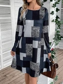 Kadın Uzun Kollu Yuvarlak Yaka Geometrik Süprem Elbise thumbnail 4