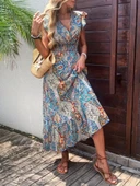 Kadın Kısa Kollu Kruvaze Yakalı Desenli Maxi Elbise thumbnail 5