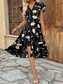 Kadın Kısa Kelebek Kollu Kruvaze Yakalı Belden Kuşaklı Midi Süprem Elbise thumbnail 1