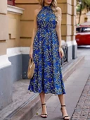 Kadın Omuzlardan Açık Daire Yaka Desenli Maxi Süprem Elbise thumbnail 3