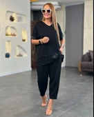 Kadın Kısa Kollu V Yakalı Pul Payetli Viskon Iki Iplik Bluz Ve Pantolon Ikili Takım thumbnail 3