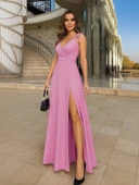 Kadın Askılı Omuzdan Bağlamalı Kruvaze Yakalı Uzun Yırtmaçlı Janjan Krep Elbise thumbnail 2