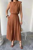 KETEN KOLSUZ BLUZ - MAXİ ETEK TAKIM - Kahverengi - 3