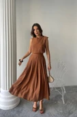 KETEN KOLSUZ BLUZ - MAXİ ETEK TAKIM - Kahverengi - 1