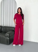 Osy Modal Yumuşak Dokulu Kumaş Bisiklet Yaka T-shirt Bol Paça Pantalon Ikili Takım -Bordo thumbnail 4