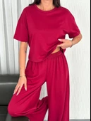 Osy Modal Yumuşak Dokulu Kumaş Bisiklet Yaka T-shirt Bol Paça Pantalon Ikili Takım -Bordo thumbnail 1