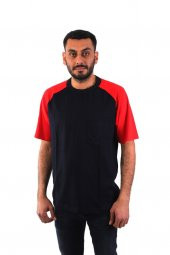 ESER - Bisiklet Yaka Kısa Kol Lacivert Penye İş Tişörtü - Cepli - Kol Kırmızı - 1