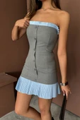 STRAPLEZ POLVİSKON ELBİSE MAVİ FIRFIR DETAYLI - Gri thumbnail 2