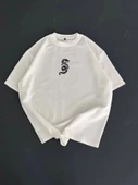 Baskılı Oversize Bisiklet Yaka T-shirt - Beyaz - 1