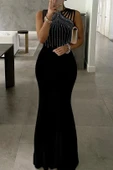 Kadın Omuz çoklu Askılı önü Taş Işlemeli Balık Kesim Janjan Krep Maxi Boy Elbise - 3