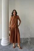KETEN KOLSUZ BLUZ - MAXİ ETEK TAKIM - Kahverengi - 4