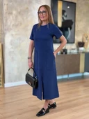 Kadın Kısa Kollu Bisiklet Yakalı Cepli önden Yırtmaçlı Viskon Iki Iplik Midi Elbise thumbnail 3