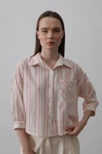 Çizgili Kısa Gömlek - Bej Pembe thumbnail 3