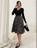 Kadın Uzun Kollu V Yakalı üst Viskon Alt çiçek Desenli Süprem Kısa Elbise thumbnail 9