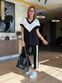 Kadın Kısa Kollu V Yaka Siyah Beyaz Renkli Viskon Iki Iplik Kumaş Eşofman Takımı thumbnail 5