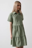 Kısa Kol Düğmeli Elbise - Haki thumbnail 3