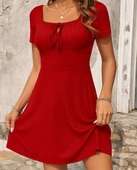 Kadın Kısa Kollu Kare Yakalı Bağcıklı Kaşkorse Elbise thumbnail 3