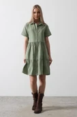 Kısa Kol Düğmeli Elbise - Haki thumbnail 1