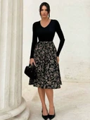 Kadın Uzun Kollu V Yakalı üst Viskon Alt çiçek Desenli Süprem Kısa Elbise thumbnail 1