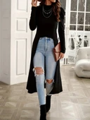 Kadın Uzun Balon Kollu Yarı Balıkçı Yaka önü Açık Kaşkorse Tunik thumbnail 6